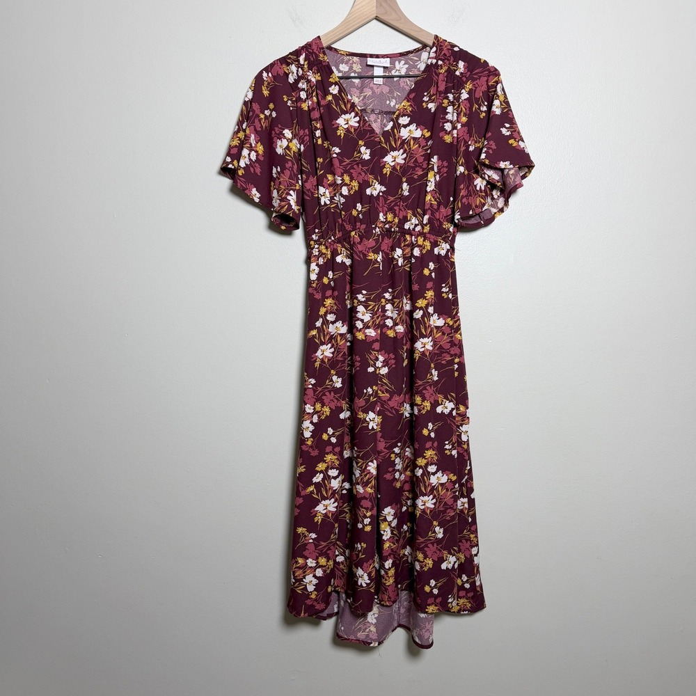 Isabel Maternity Women Dress L Burgundy Floral Flutter Sleeve Boho Fall Prairie